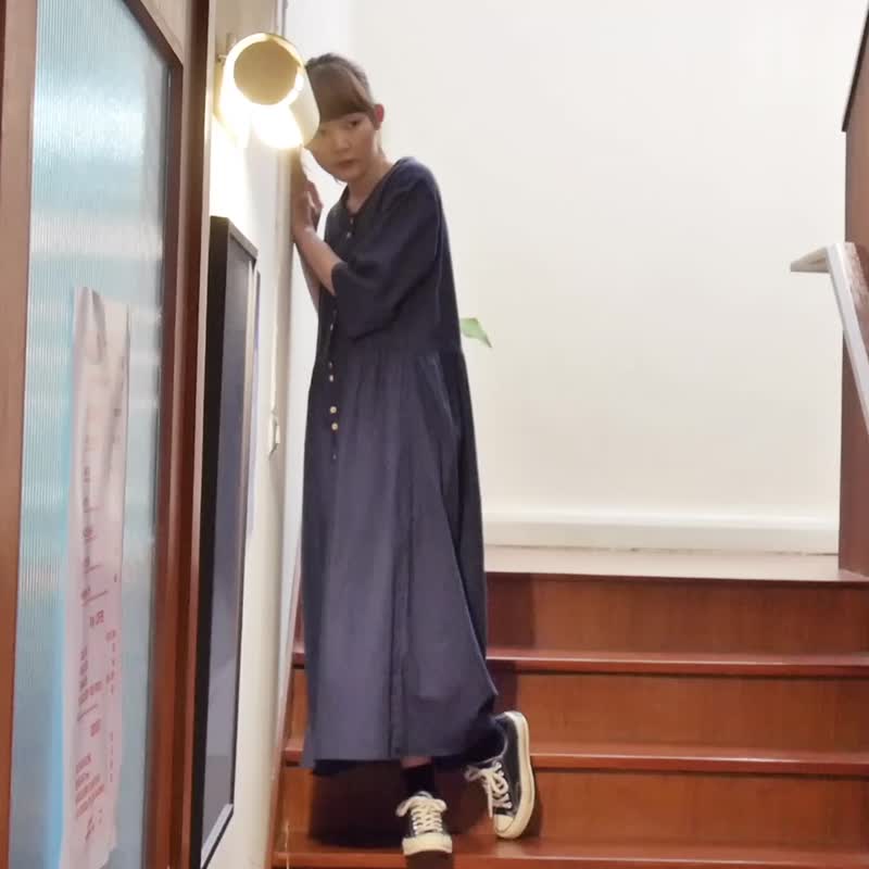 One Piece Button Dress - Navy Blue - 洋装/连衣裙 - 棉．麻 蓝色